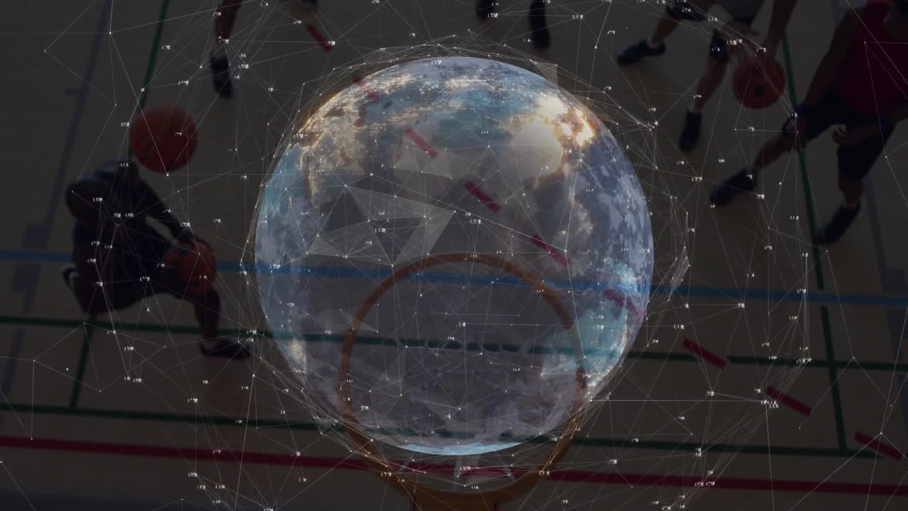 Digital globe and network connections animation over basketball game in gym