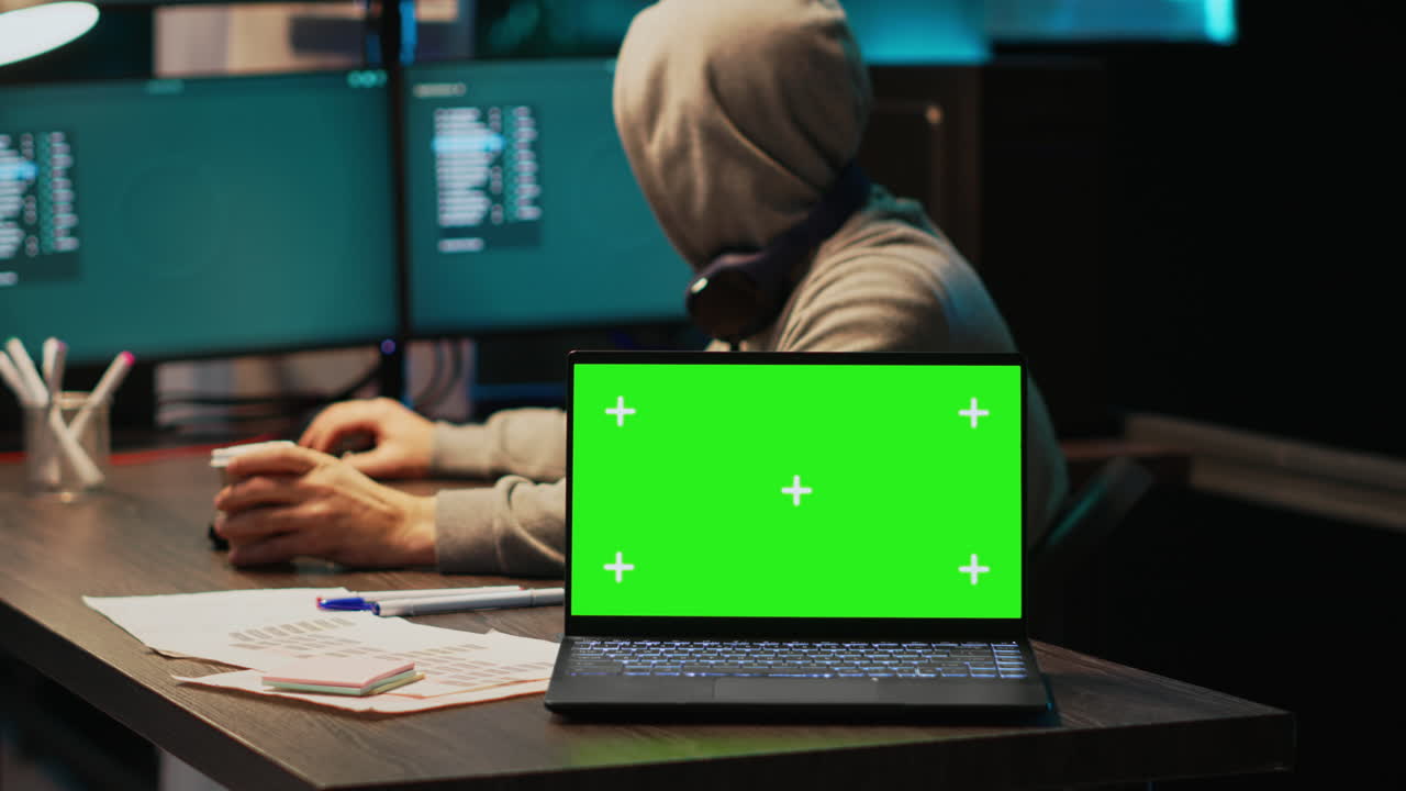 Hacker coding on laptop with green screen