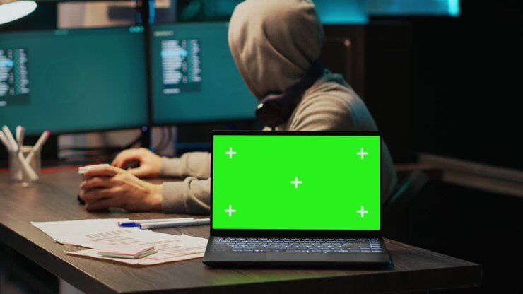 Hacker che programma su un portatile con schermo verde