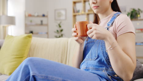 relax, thinking and a woman drinking coffee