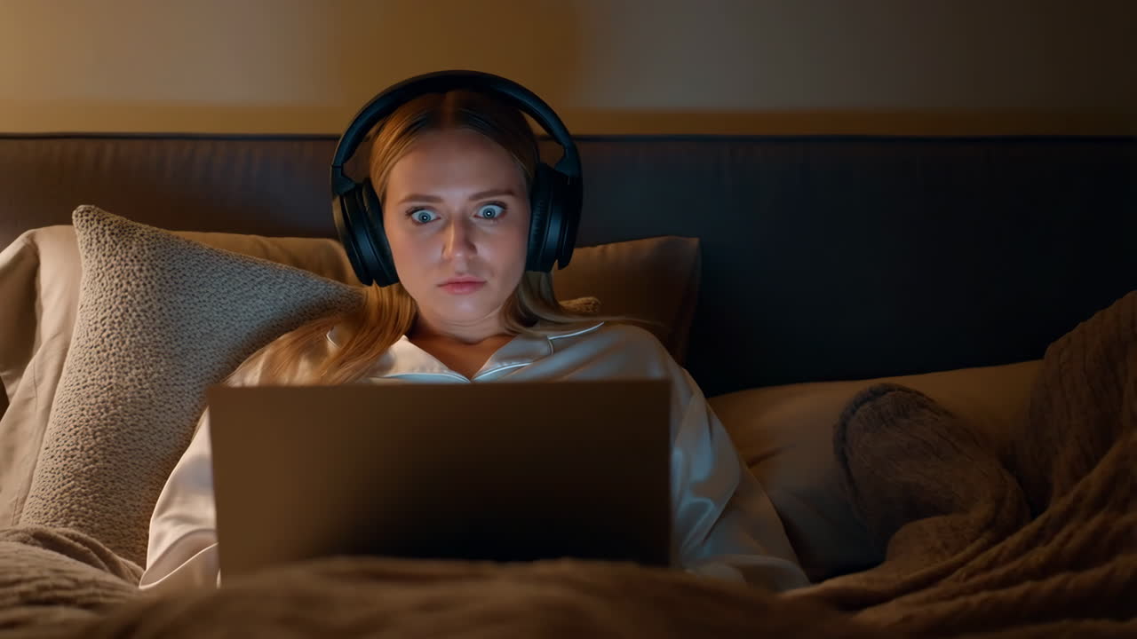 Young Woman in Bed Reacts with Surprise While Using Laptop and Headphones