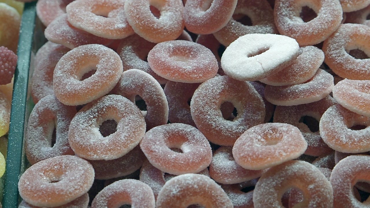Close-up of Colorful Sugar-Coated Gummy Ring Candies