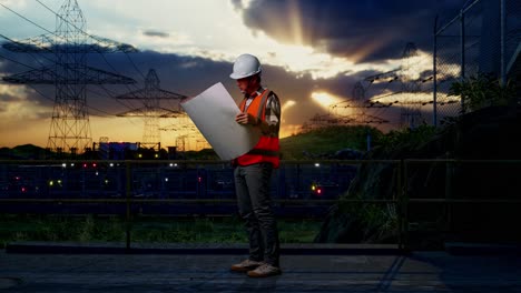 vista lateral completa del cuerpo de un ingeniero masculino asiático con casco de seguridad mirando el plano en sus manos y mirando a su alrededor mientras está de pie cerca de la torre de alto voltaje
