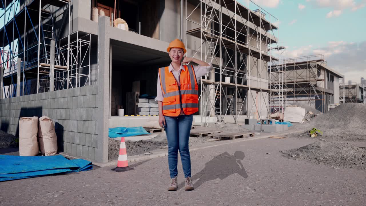 Engenheira asiática de corpo inteiro com capacete de segurança sorrindo para a câmera e fazendo o gesto de me ligar enquanto está em um canteiro de obras em andamento para uma nova casa