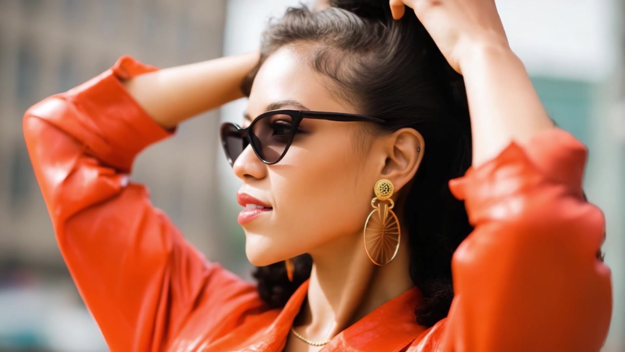 Donna elegante che mostra la moda moderna in un vivace outfit arancione, mentre si sistema i capelli all'aperto con sicurezza e fascino sotto una luminosa luce naturale.