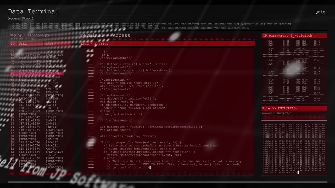 Red UI sliding in, dotted map zooming out, code filling panels, dots drifting, showing live data
