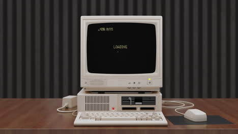 pc vintage cae en la sala de escritorio antigua con falla y pantalla verde encendida y apagada 4k