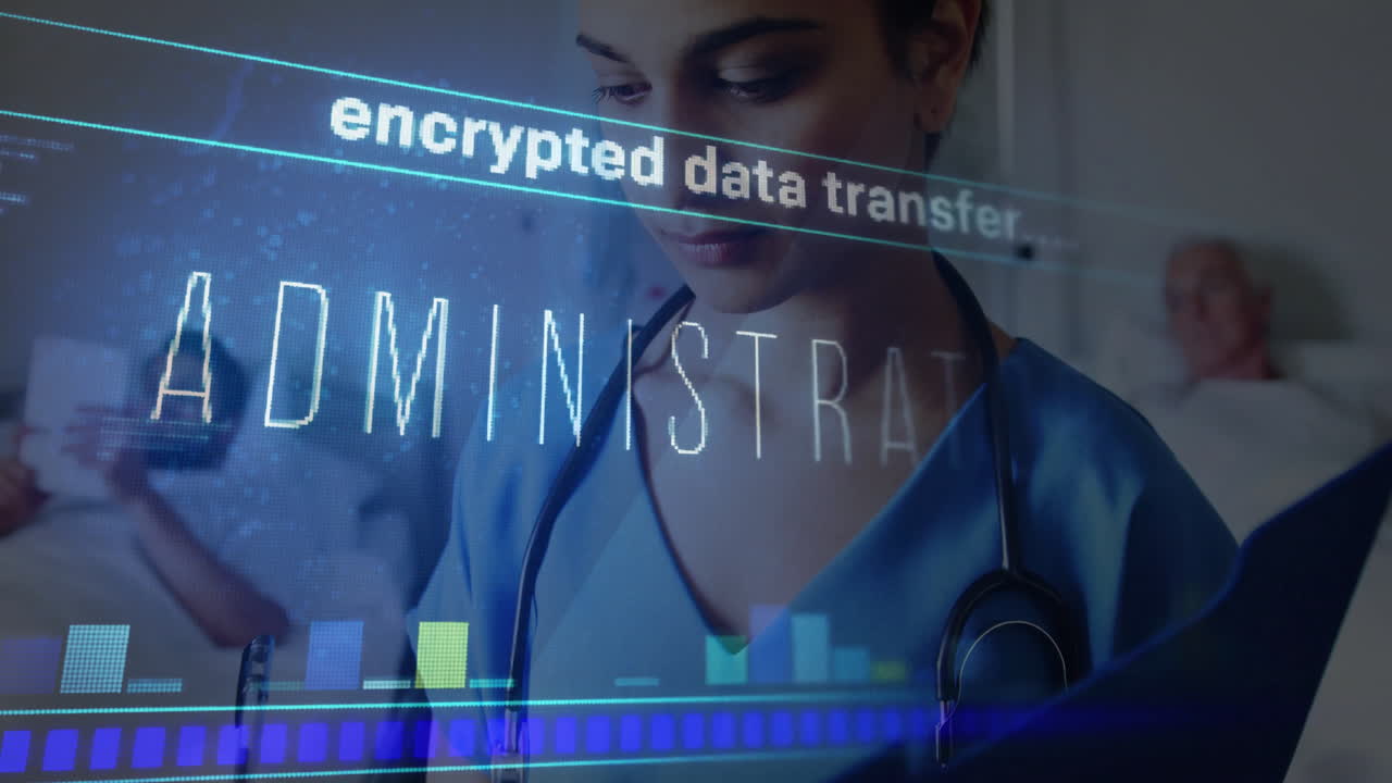 Nurse reviewing patient digital interface data in medical ward, with animated encrypted bar graphs