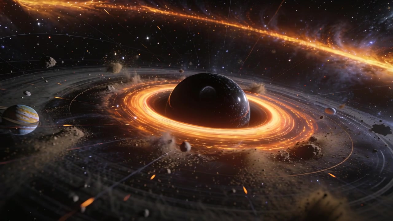 Receding camera showing central sphere glowing ring in space, disk, left planet, filament sweeping