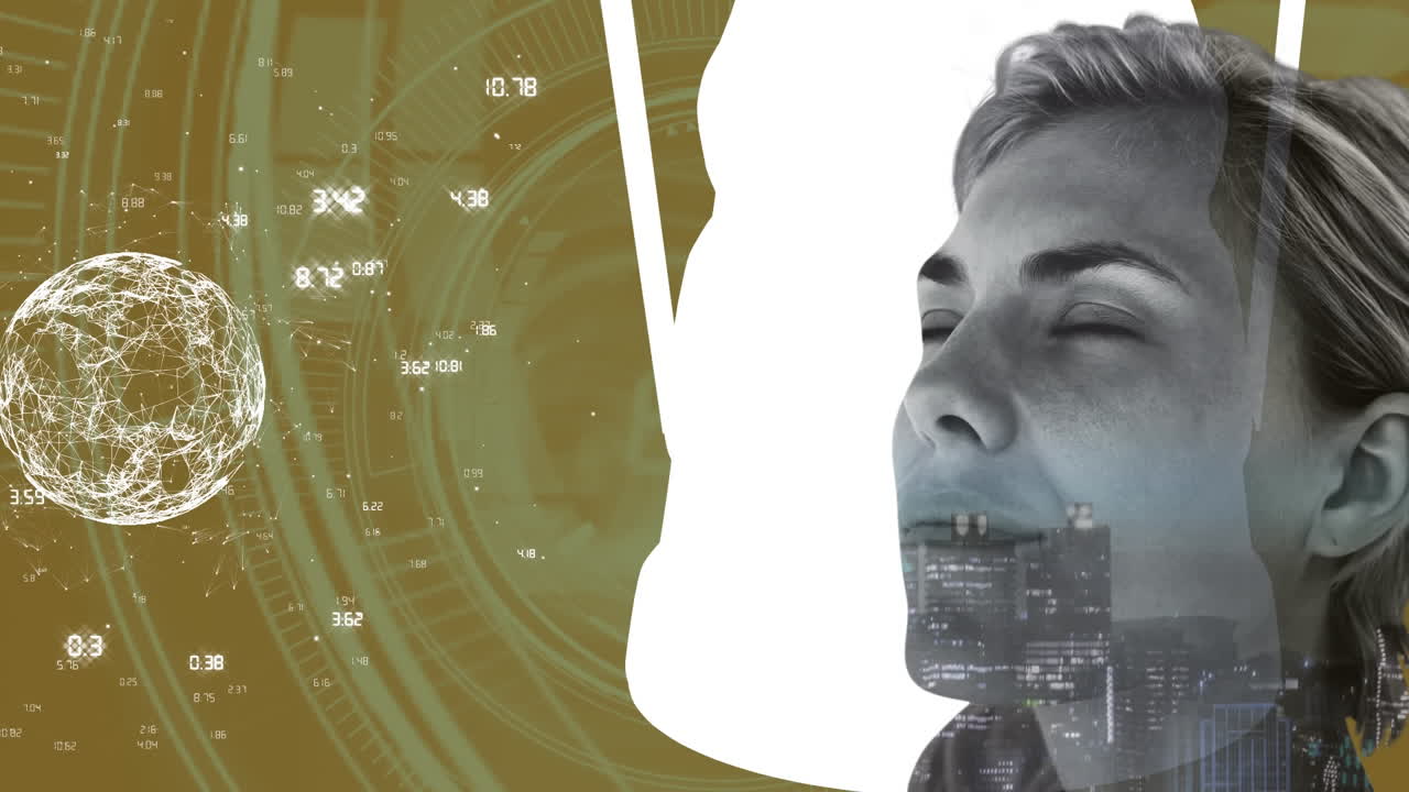 Animation of globe with network of connections and scope scanning over woman face