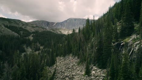 aerial of lake in basin of pine covered mountains and in the distance snow covered peaks