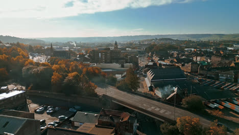 Aerial-footage-of-the-large-market-town-centre-of-Dewsbury-in-West-Yorkshire-in-the-UK-showing-the-historical-town-centre-and-townhall