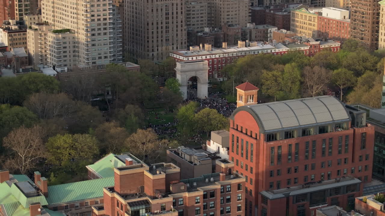 Aerial view of a crowded Washington Square Park. Shot on a spring day in New York City