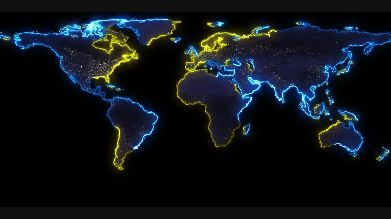 las líneas brillantes trazan los contornos del mapa del mundo.