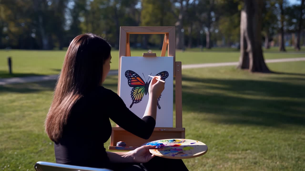 Woman Painting a Colorful Butterfly in a Park