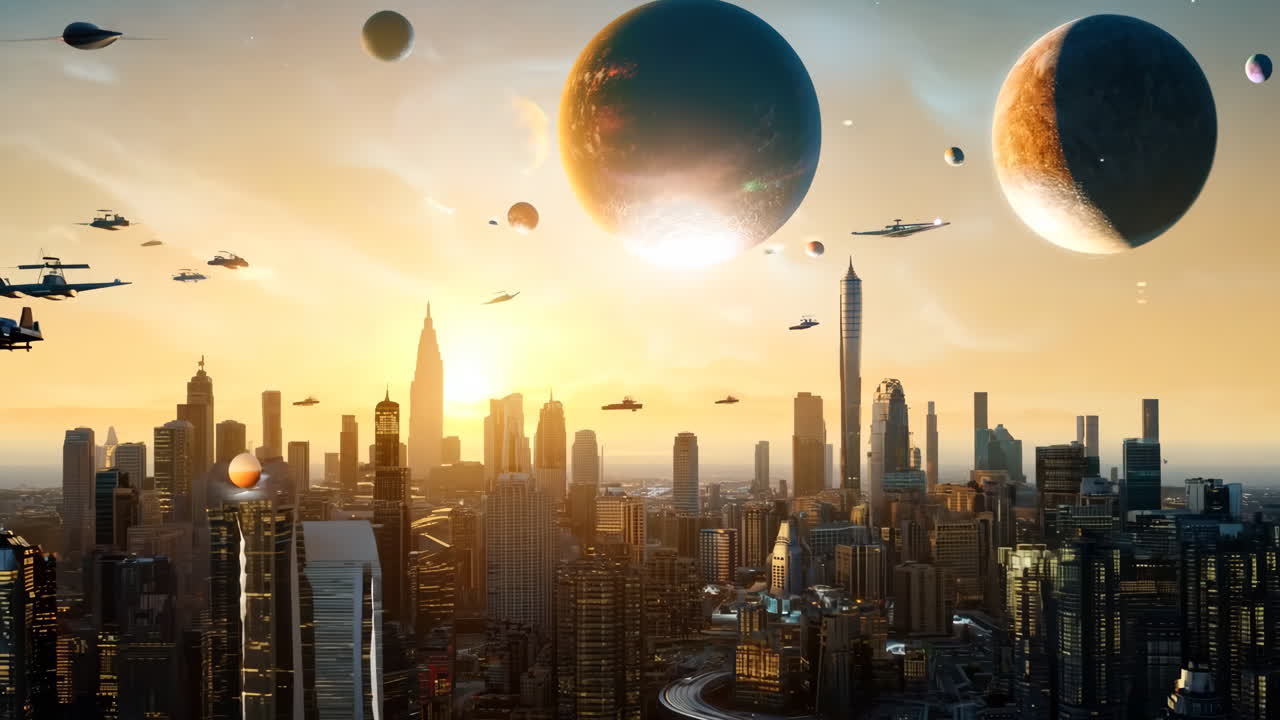 A cityscape with a large planet in the background. The city is lit up at night, giving it a futuristic and otherworldly feel