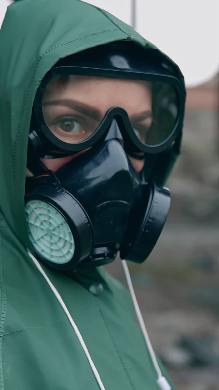 Environmental pollution and biological hazard. Human in gas mask near abandoned building