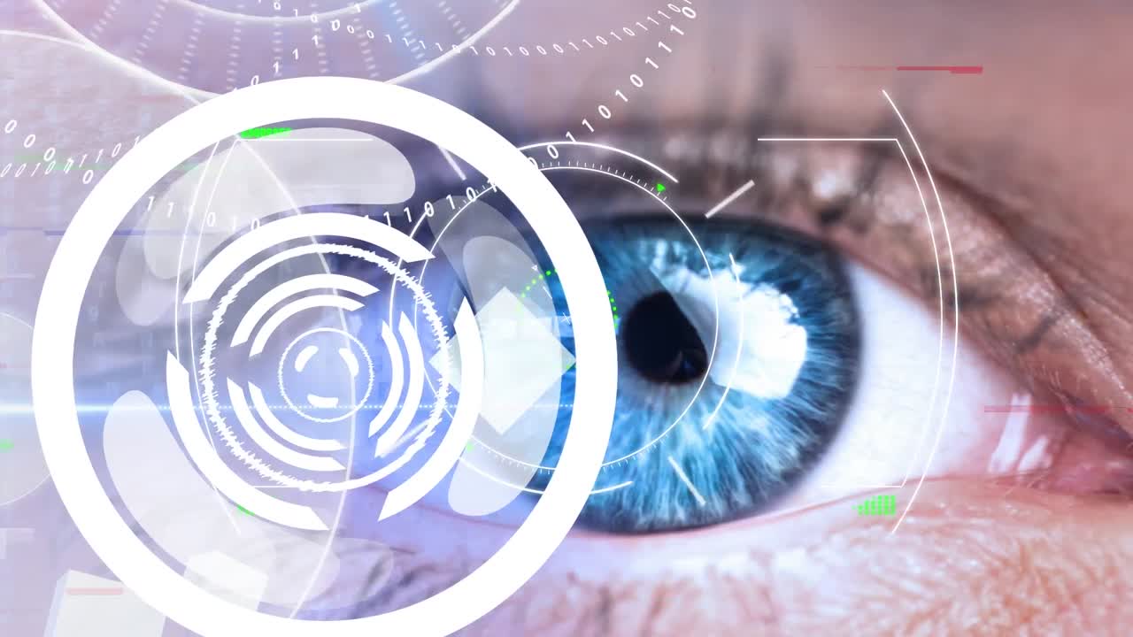 animación del círculo de procesamiento y los datos en la pantalla digital sobre el ojo de una mujer caucásica