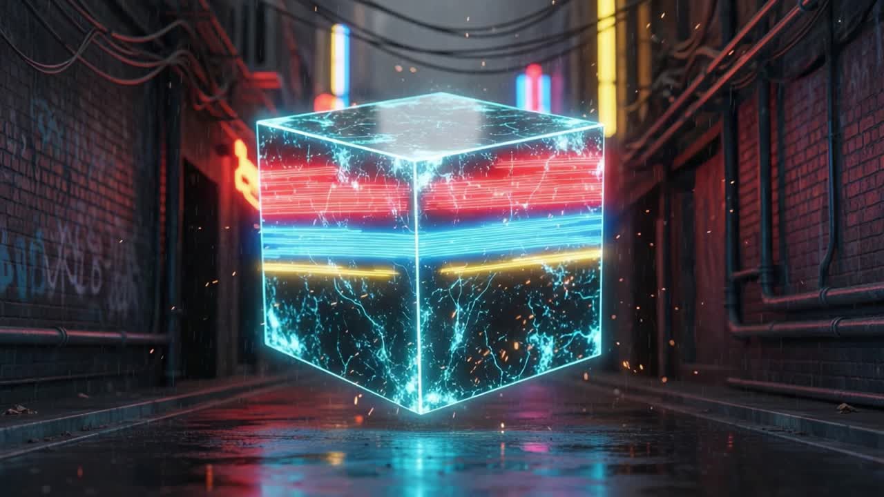 A Futuristic Neon Cube Surrounded by Vibrant Lights in an Urban Alley, Showcasing a Stunning Blend of Technology and Art in a Contemporary Digital Environment