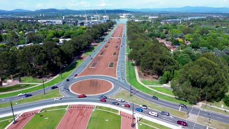 drone aerial landscape with car vehicles driving around roundabout intersection on main road street anzac parade australian war memorial canberra act travel transport tourism