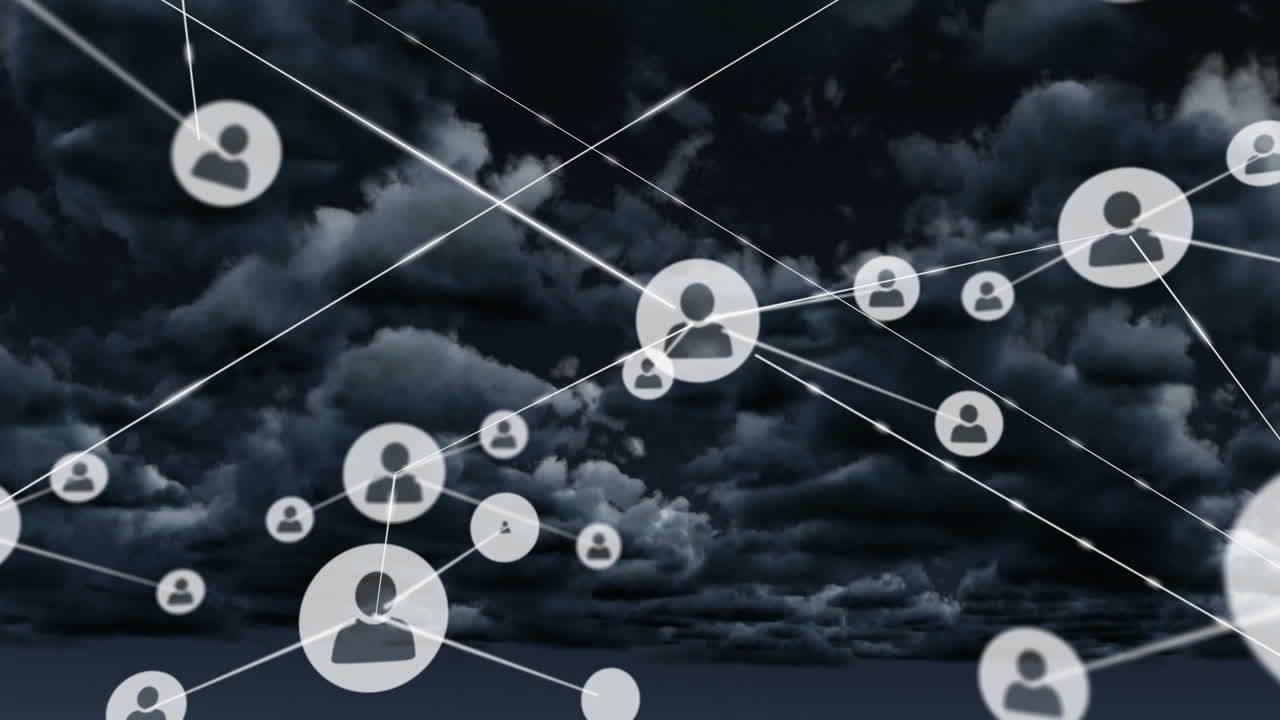 Animation of network of connections with people icons over sky with clouds