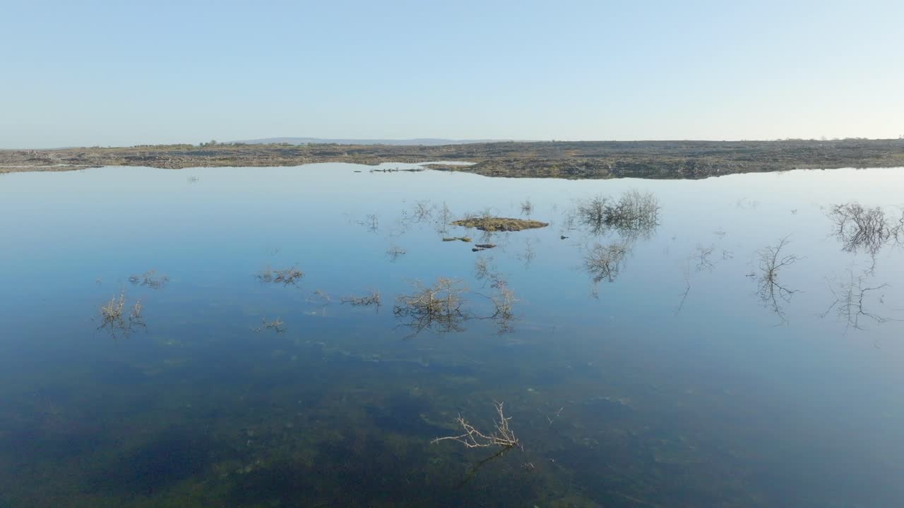 dolly aérea tranquilizadora sobre el agua inundada que refleja el cielo azul con arbustos dentados sin hojas, burren irlanda