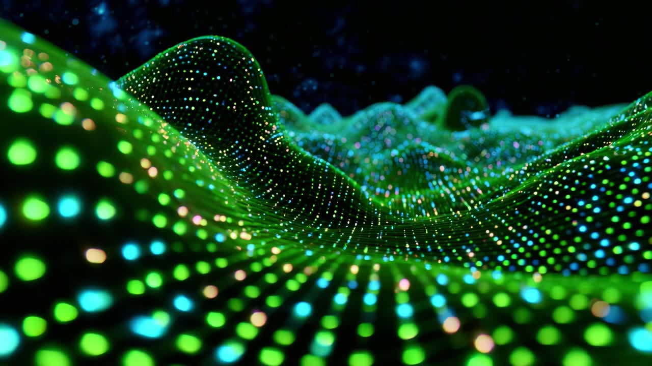 A Stunning Visual Representation of Abstract Digital Waves, Featuring a Mesmerizing Landscape of Glowing Green and Blue Dots Creating an Enchanting Illusion of Movement and Depth