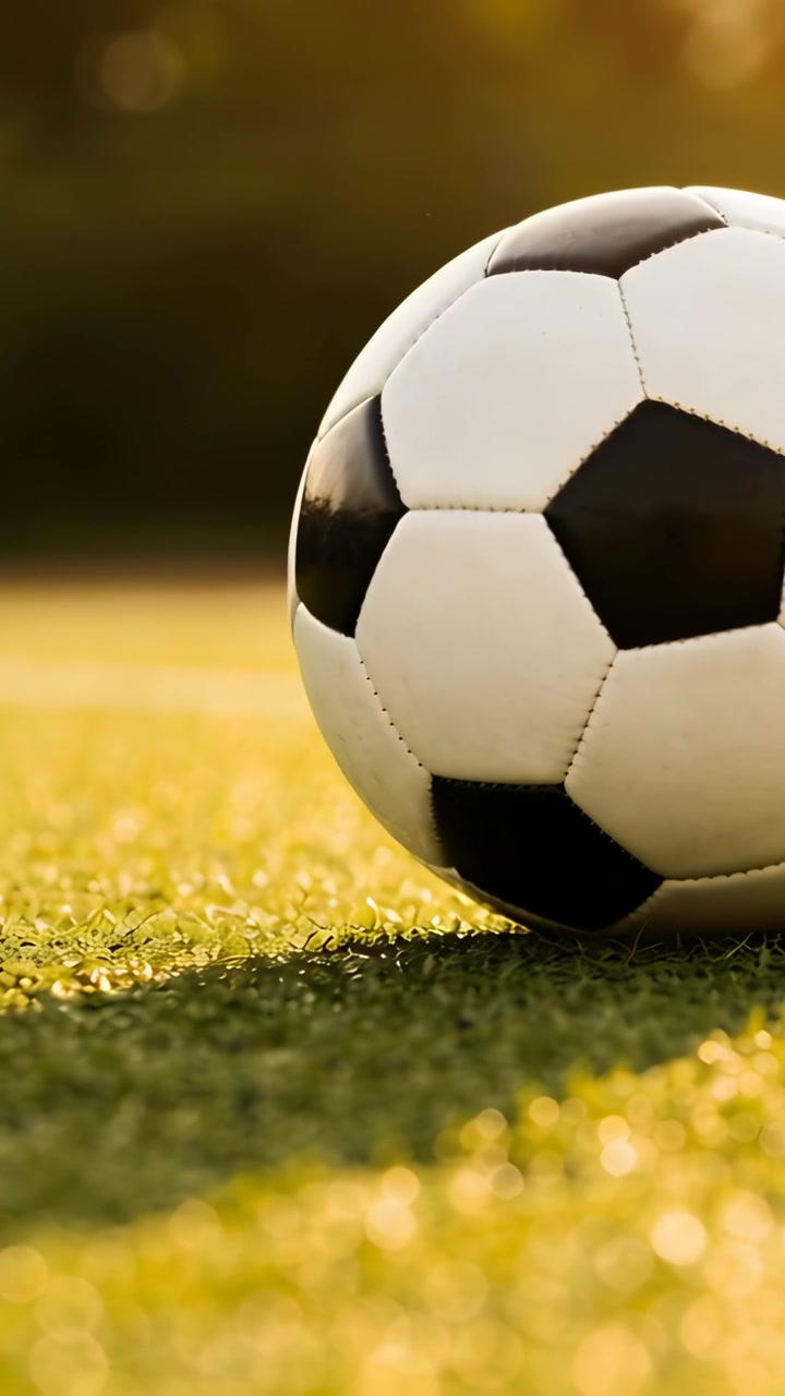Dikey video: Çim üzerindeki futbol topunu, dikişlerini, altın ışığı ve metin alanını vurgulayan kaydırma kamerası görüntüsü.