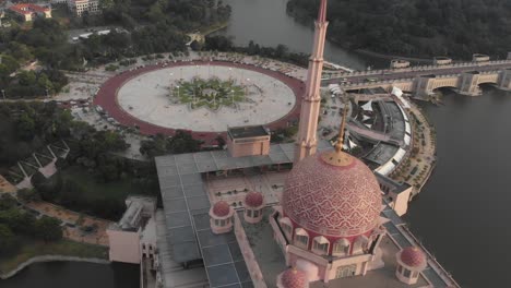 beautiful putra mosque in putrajaya kuala lumpur during sunset, aerial