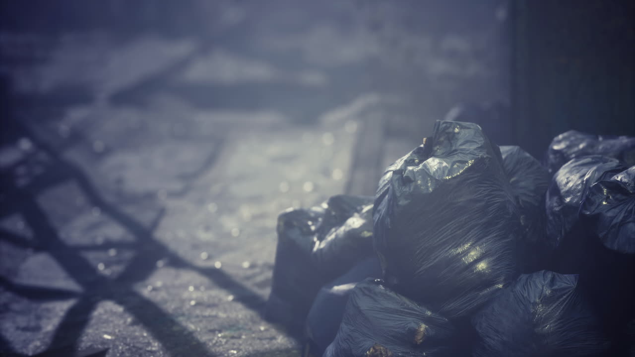 Waste littered on a dimly lit urban street during the late evening hours
