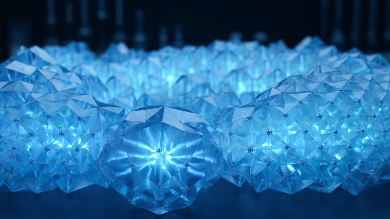 Abstract Geometric Blue Crystal Structures Pulsing with Light