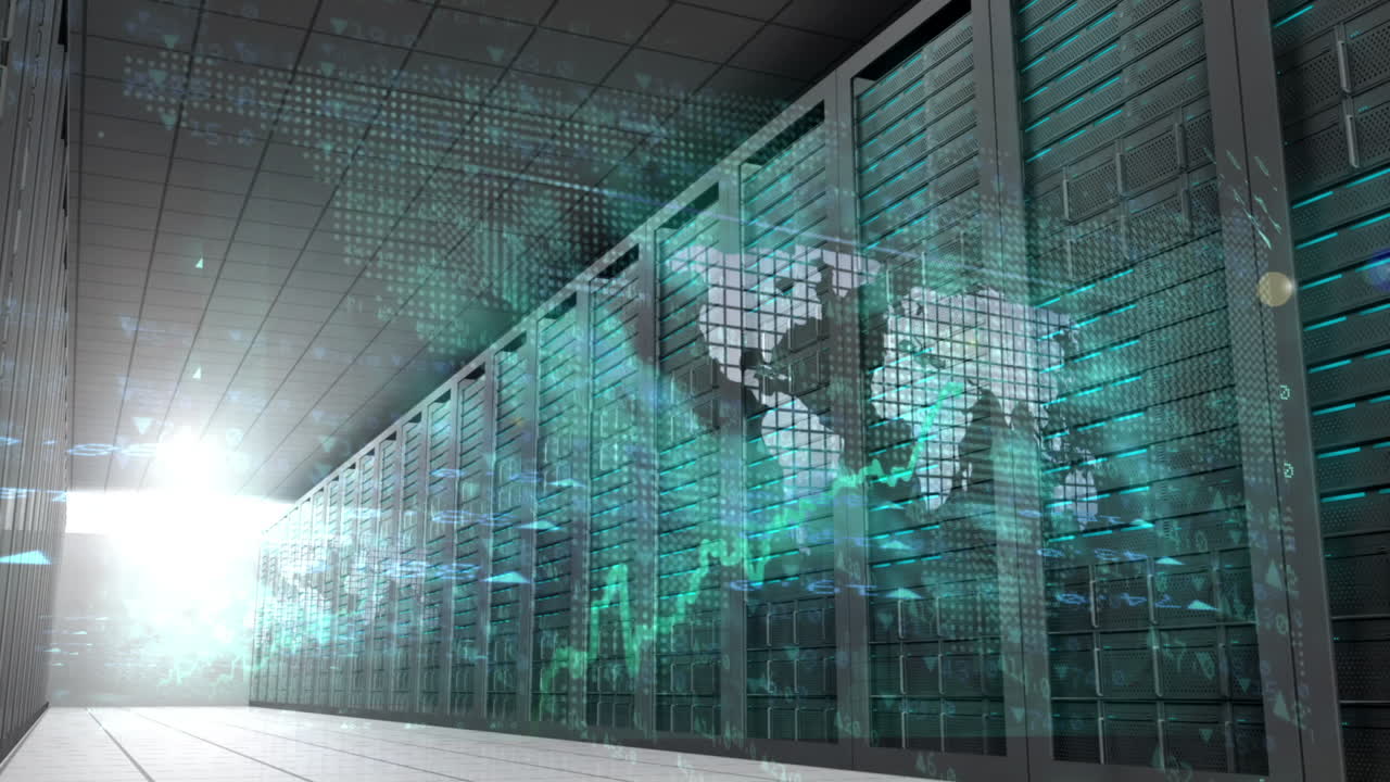 Global business montage in server room