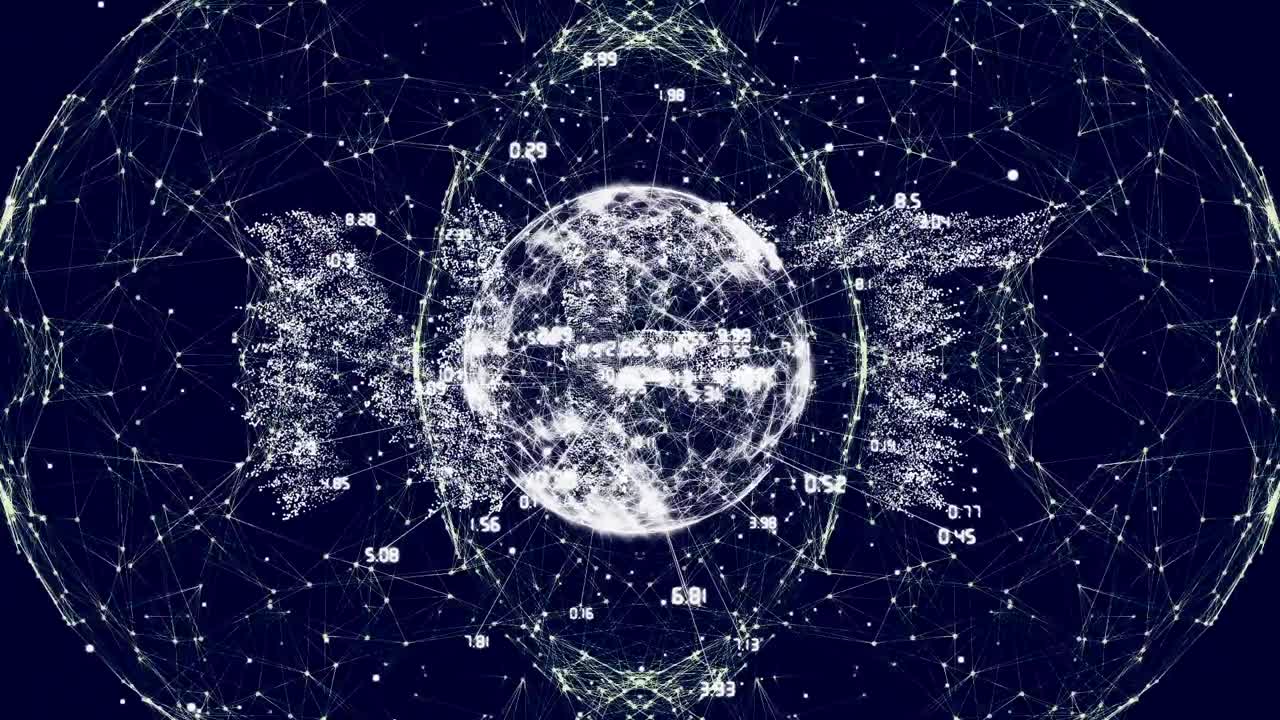 Animazione di un globo con connessioni e coordinate su sfondo blu navy.