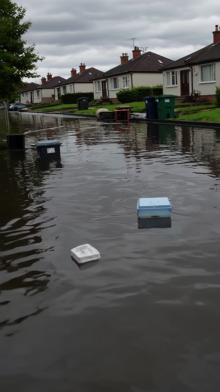 Flooded Residential Street with Debris