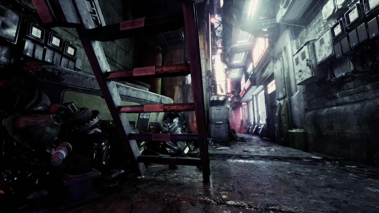 Un vicolo buio e cyberpunk con una scala che conduce a una città illuminata a giorno