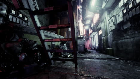 a dark, cyberpunk alleyway with a ladder leading to a brightly lit city.