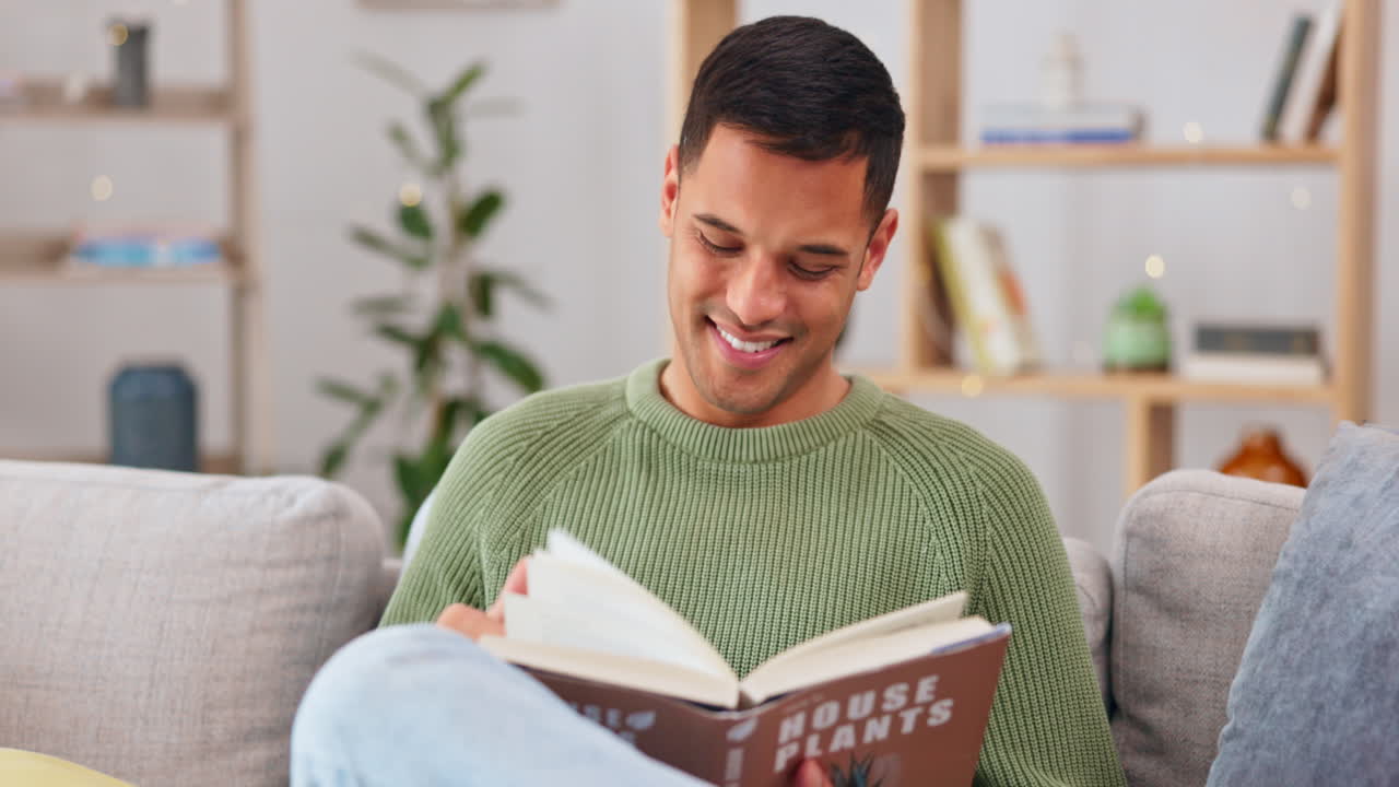 Relax, couch and man reading a book