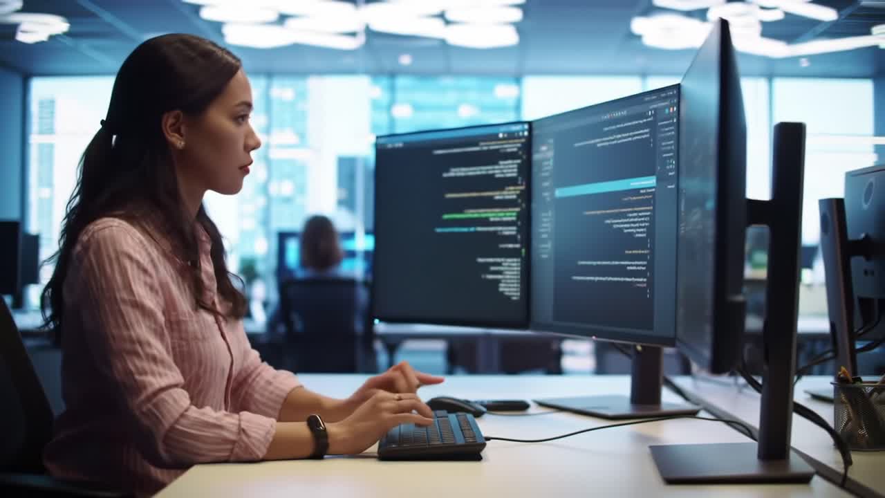 Focused Software Developer Typing on Dual Monitors in Modern Office Environment, Showcasing Coding Skills and Technical Expertise in Programming Tasks