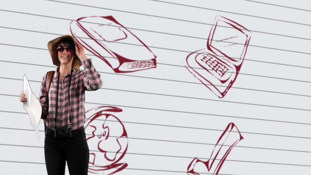 mujer con un mapa contra los iconos del concepto de la escuela en papel de línea blanca