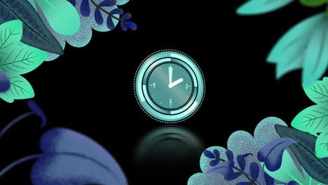 animación de reloj moviéndose rápido y hojas en fondo negro
