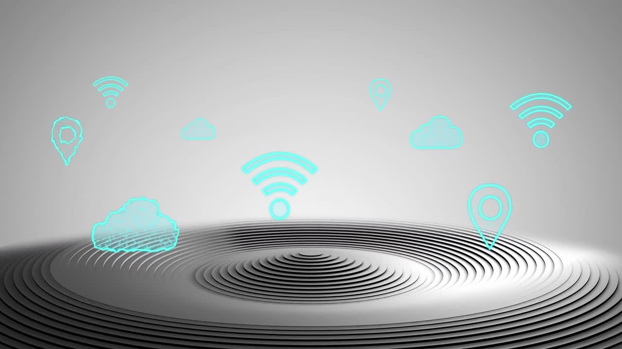 Animazione di icone di comunicazione cloud, Wi-Fi su anelli concentrici neri e grigi su sfondo grigio.