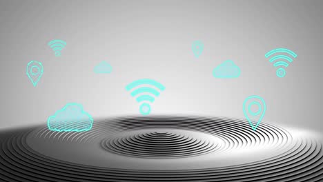 Animation-of-cloud,-wifi-communication-icons-over-black-and-grey-concentric-rings-on-grey-background