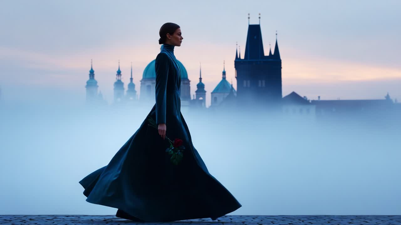 A Mysterious Woman in a Flowing Dark Dress Strolls Through the Misty Twilight, Holding a Red Rose, with Historic Architecture Silhouetted in the Background