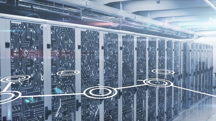 Animation of network of connections and integrated circuits in server room