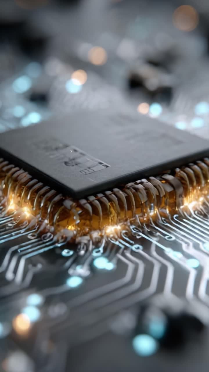 Close-Up Examination of a High-Tech Microprocessor on a Circuit Board, Highlighting the Intricate Connections and Advanced Technology in Modern Electronics