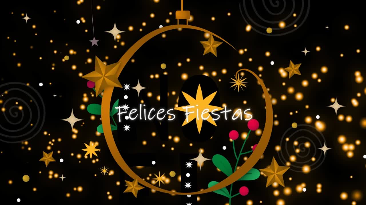 Animación de puntos de luz sobre el texto "felices fiestas" en una bola de Navidad sobre fondo negro.