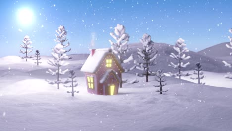 Animation-of-christmas-cottage-in-winter-landscape-with-trees,-sun-and-falling-snow