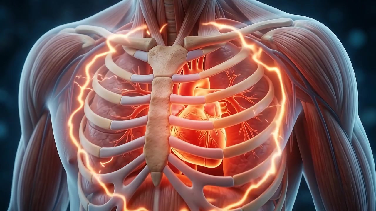 Cuore umano anatomico con impulsi elettrici luminosi