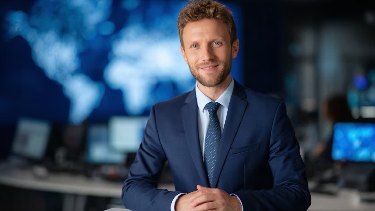 Engaging Male Presenter in a Professional Setting, Discussing Current Topics with Confidence and Charisma, Surrounded by Technology in a Modern Newsroom Studio