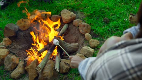 woman roasting marshmallow on campfire 4k